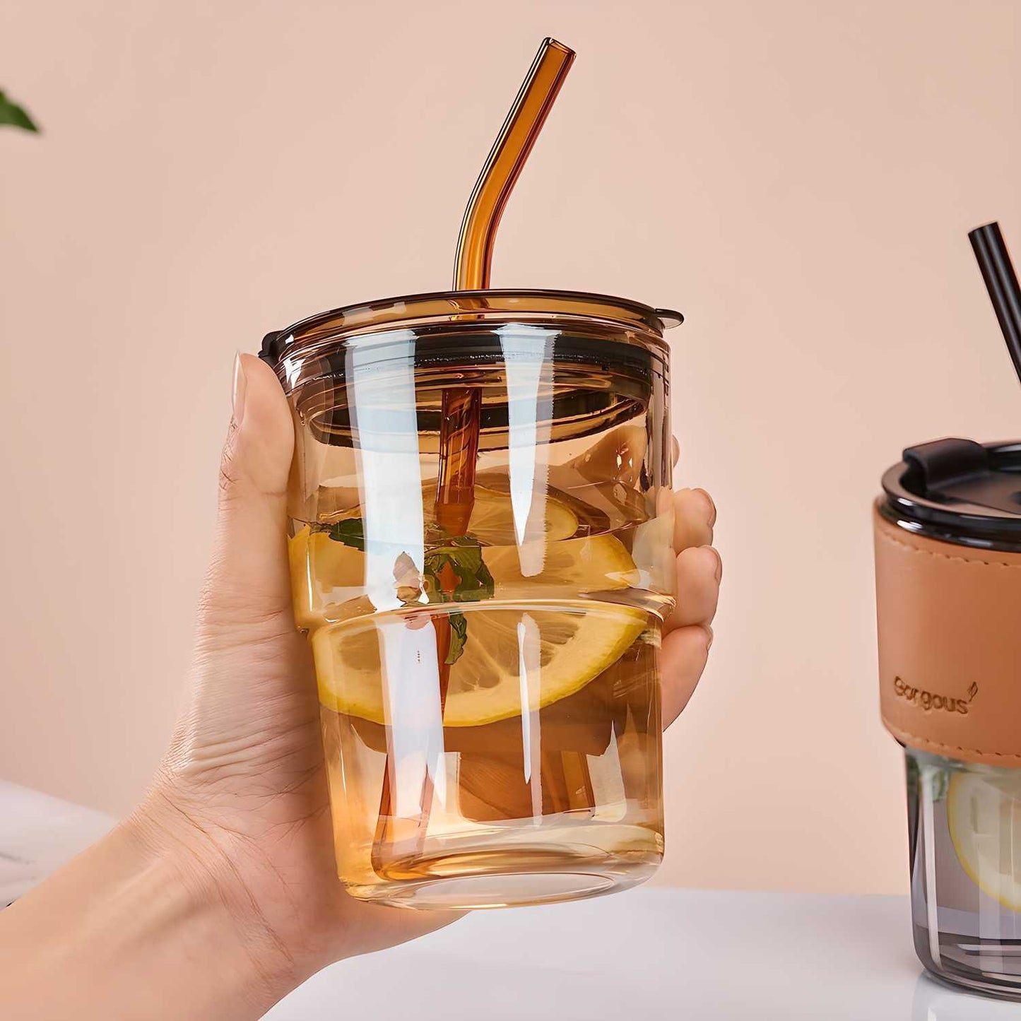 Glass Tumbler with a Lid and Straw
